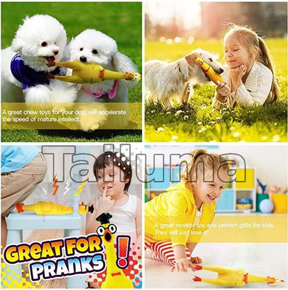dogs and children playing with a rubber chicken toy, highlighting it as a fun chew toy and prank gift.