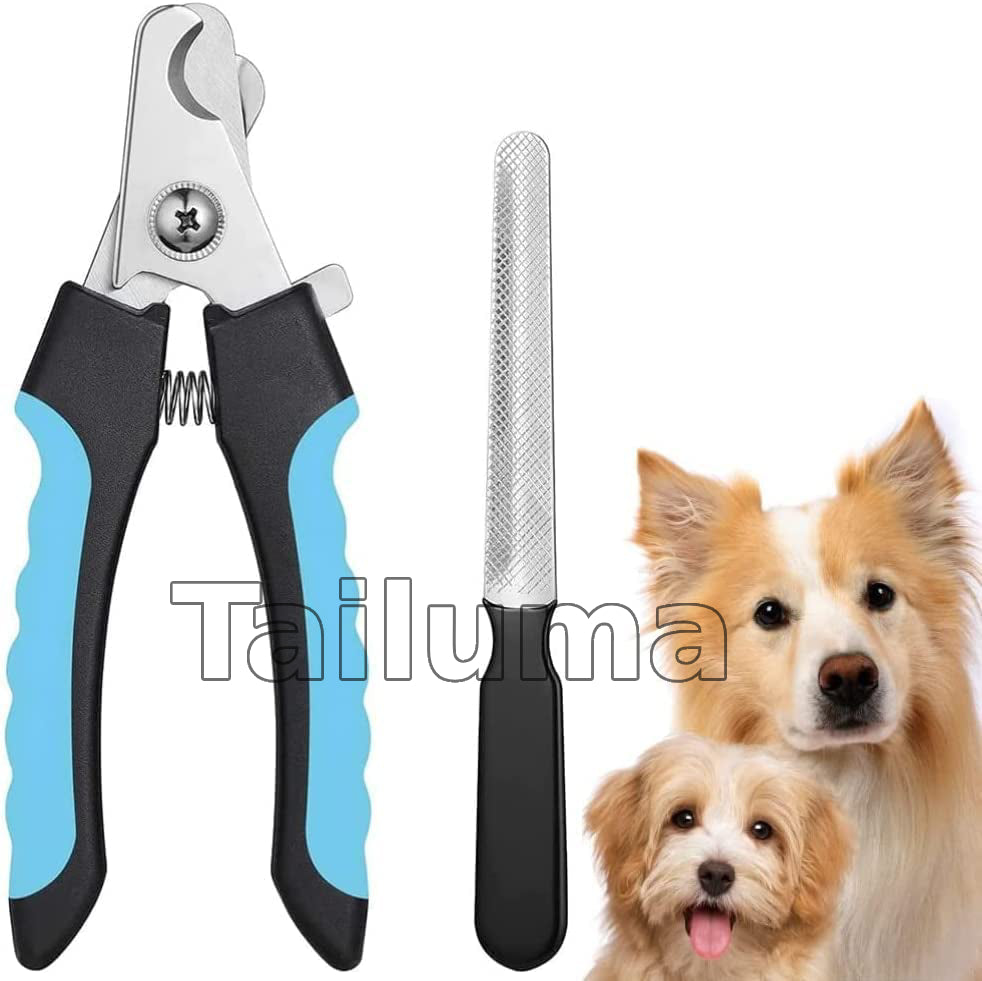 pet nail clipper with a non-slip blue and black handle, along with a metal nail file.