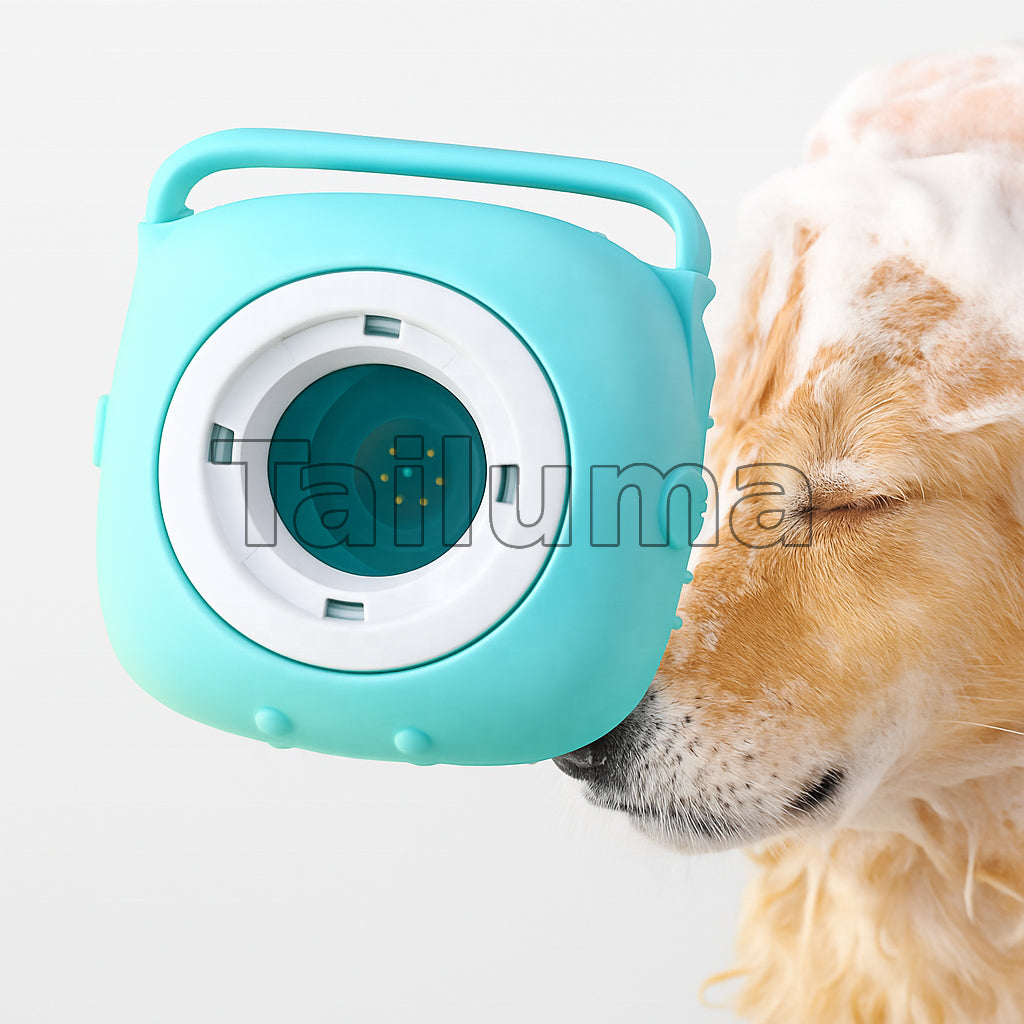 pet bath brush with a shampoo dispenser placed next to a dog covered in foam during bath time.