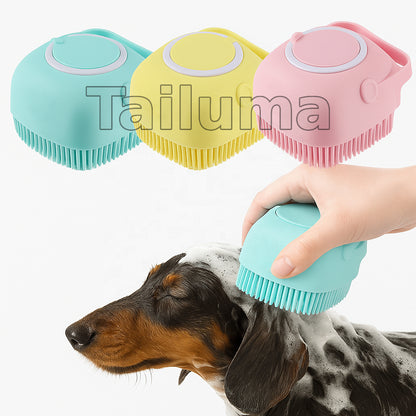 colorful silicone pet bath brushes being used to gently scrub a dog during bath time.