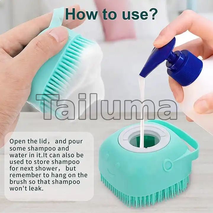 pet bath brush with a shampoo dispenser, demonstrating how to pour shampoo into the brush for easy bathing.