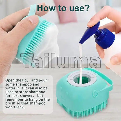 pet bath brush with a shampoo dispenser, demonstrating how to pour shampoo into the brush for easy bathing.