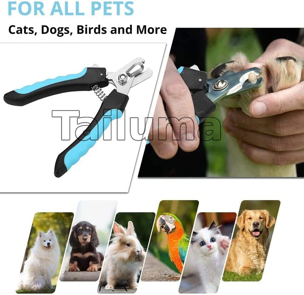 pet nail clipper designed for all pets, including cats, dogs, birds, and more. The blue and black clipper is displayed clearly on one side, while the other side shows a close-up of trimming a pet’s nail. Images of different pets highlight its versatile use.