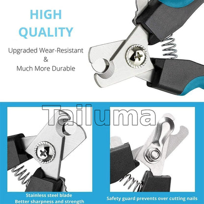 This image highlights a high-quality pet nail clipper with a durable stainless steel blade and a safety guard to prevent over-cutting.