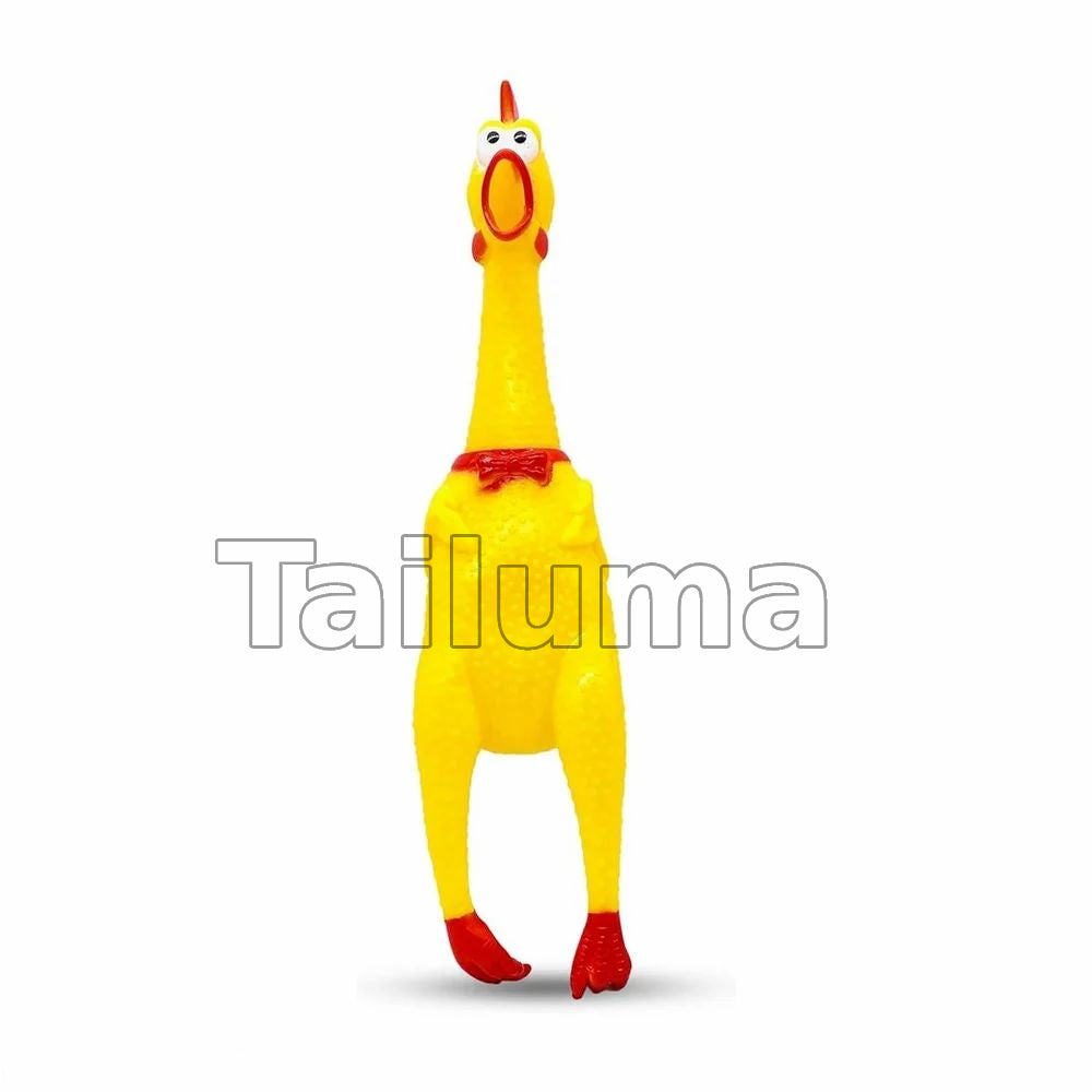 yellow rubber chicken squeaky toy with a red beak, comb, and feet, designed for fun play, pranks, and entertaining pets or children.
