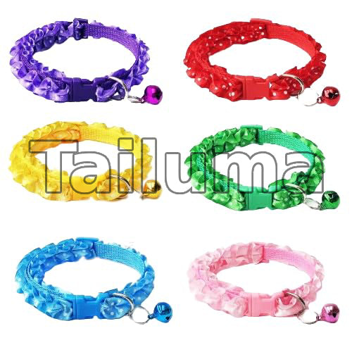 colorful cat frill collars with adjustable straps and small attached bells.