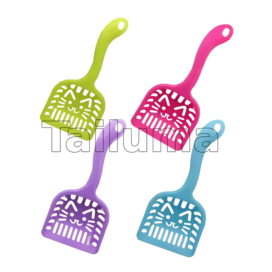 four colorful cat litter scoops with cut-out designs and long handles for easy cleaning.