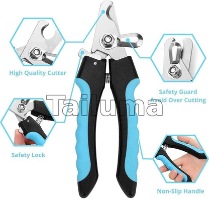 The image shows a pet nail clipper with a sharp stainless steel blade, safety guard, safety lock, and a non-slip handle for safe and comfortable use.