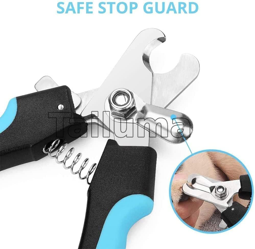 The image shows a close-up of a pet nail clipper highlighting its safety stop guard, which helps prevent over-cutting while trimming a pet’s nails.