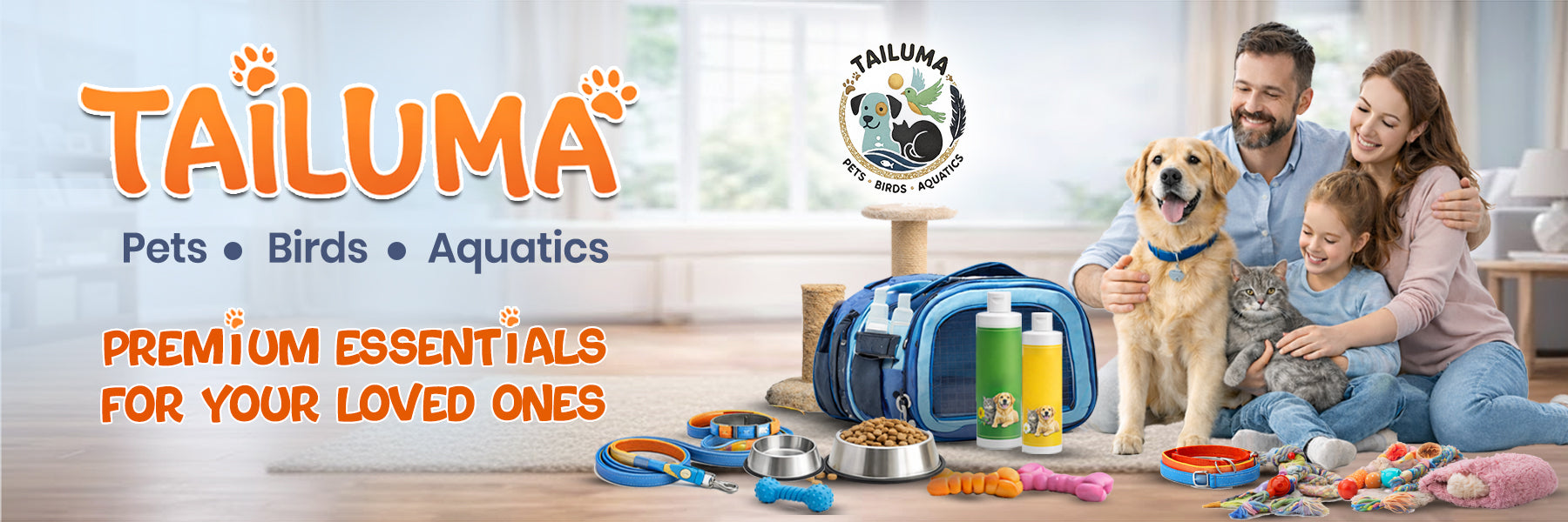 Family with pets and Tailuma products in a home setting