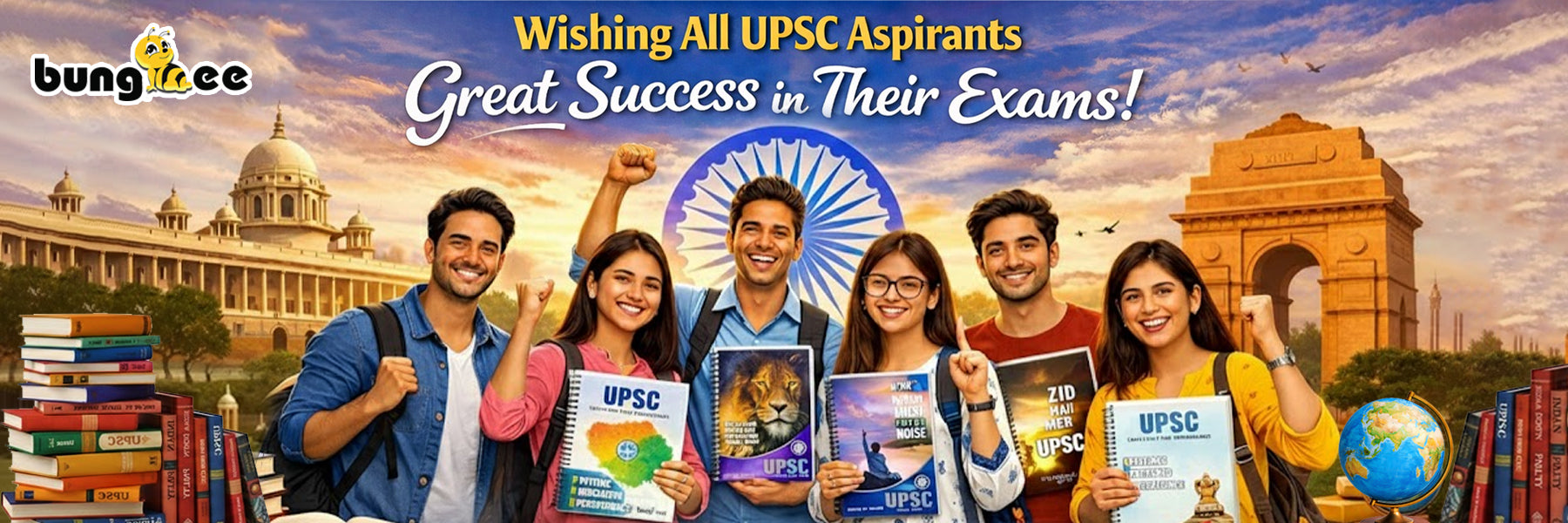 A motivational banner wishing UPSC aspirants success, featuring happy students with study materials in front of iconic Indian landmarks.