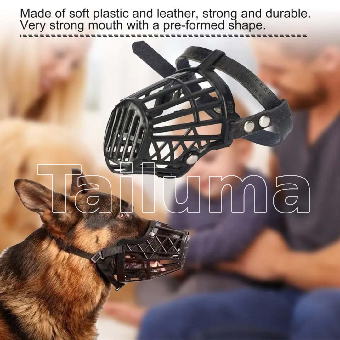 Black dog muzzle made of durable plastic and leather. It is designed to keep dogs safe while preventing biting during training, walks, or grooming.