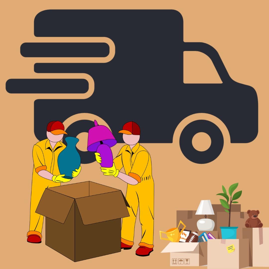 An illustration of two delivery workers packing household items into a cardboard box, with a delivery truck in the background and moving boxes placed nearby — representing shipping or relocation services.
