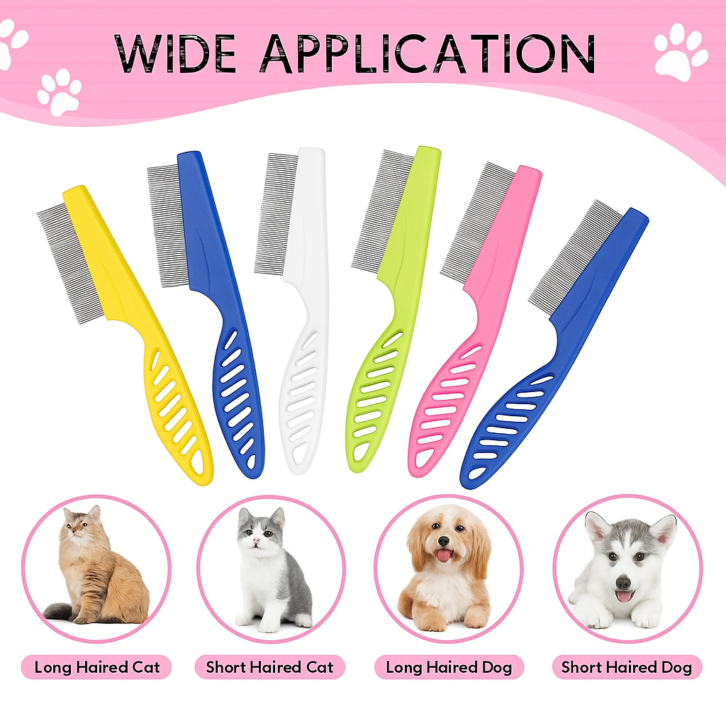 Colorful pet grooming combs designed for dogs and cats. These combs help remove loose hair, tangles, and fleas from long-haired and short-haired pets.