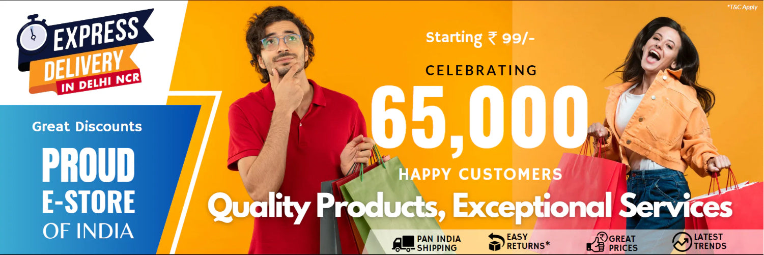 An e-commerce promotional banner highlighting low prices, fast delivery, trusted service, and 65,000 happy customers to attract shoppers.